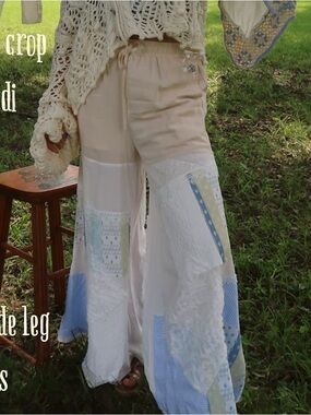 Boho Patchwork Wide-Leg Pants in Cream & Light Blue